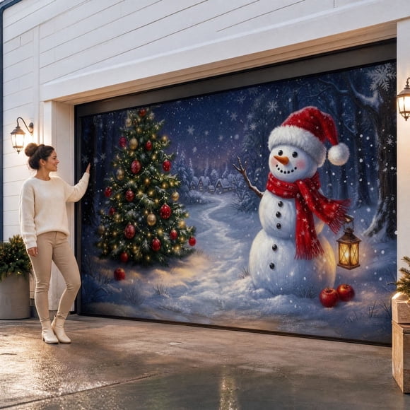 Christmas Garage Door Cover, Waterproof Fabric Holiday Decor with Grommets for Outdoor Display