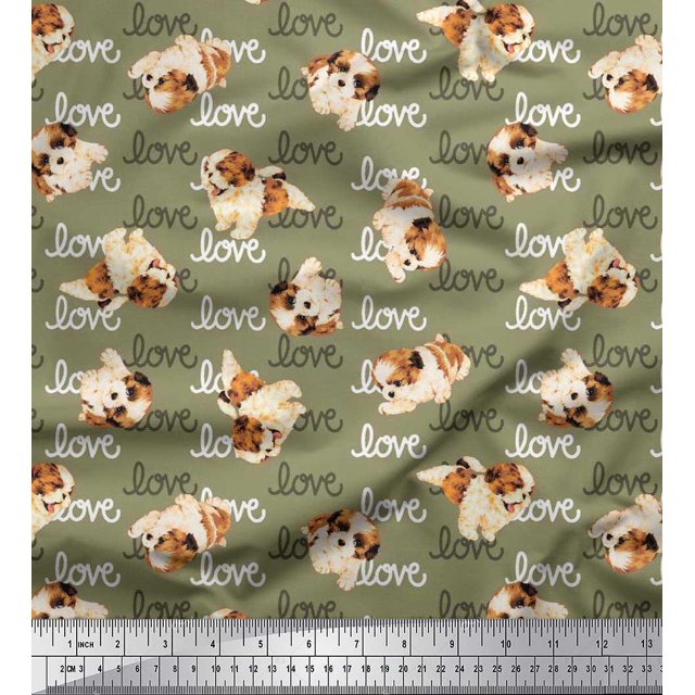 Soimoi Poly Georgette Fabric Love Text & Puppies Dog Printed Fabric 1 Yard 52 Inch Wide