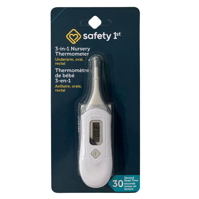 Safety 1st 3-In-1 Nursery Thermometer with white body and flexible tip, digital display showing 37.0°C, designed for oral, rectal, and underarm use, packaged on dark blue card with bilingual English and French text and 30-second read time.