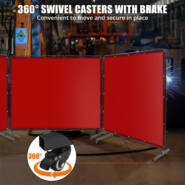 Kojooin 3 Panel 6x8FT Welding Screen with Frame - Flame Resistant PVC Welding Curtain, Transparent Safety Panel & Lockable Swivel Wheels for Metalworking, Garage, Workshops (Red)