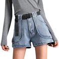 thumbnail image 1 of adviicd Womens Running Shorts Haut Lin Mélangé Taille Tirez sur Short d'Été pour les Femmes Poches à la Mode Bleu, M, 1 of 5