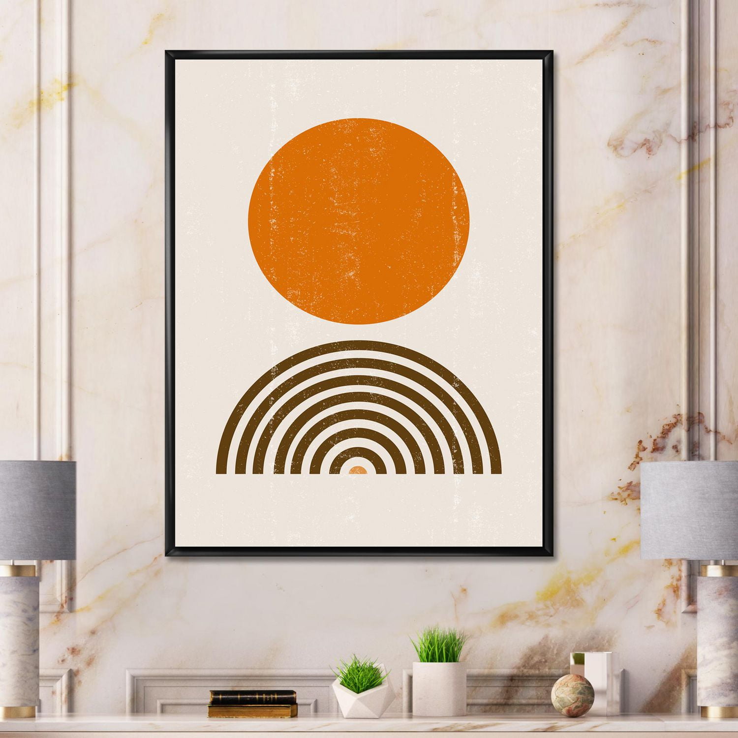 Designart Résumé Minimal orange Sun et Rainbow I ART MURAL À CADRE FLOTT
