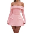 thumbnail image 1 of Robe Mini pour Femmes à Épaules Dénudées à Manches Longues Robe Trapèze Courte Robes Formelles Tenue de Fête Boîte de Nuit Rose G, 1 of 8
