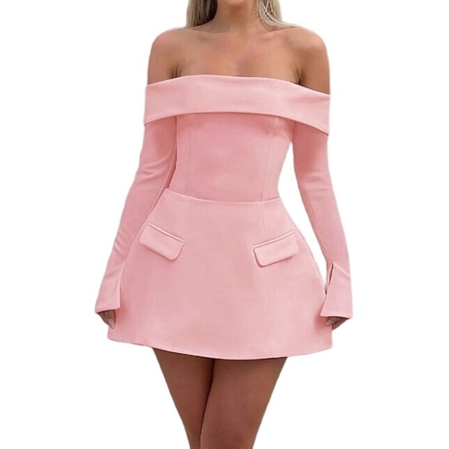 Robe Mini pour Femmes à Épaules Dénudées à Manches Longues Robe Trapèze Courte Robes Formelles Tenue de Fête Boîte de Nuit Rose G
