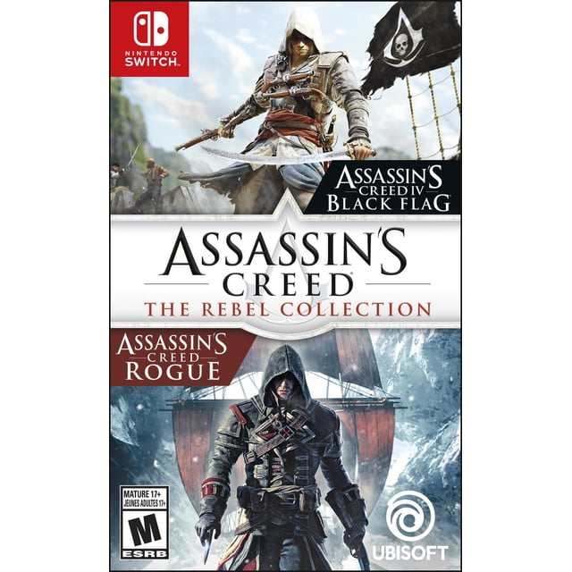 Assassin's Creed: The Rebel Collection pour Nintendo Switch, avec Pochette et Illustration de Personnages de Assassin's Creed IV : Black Flag et Assassin's Creed Rogue. Comprend Deux Jeux Ubisoft au Jeu de pirate des Caraïbes et à l'Histoire des Templiers, Offrant une exploration Navale et la Chasse aux Assassins.