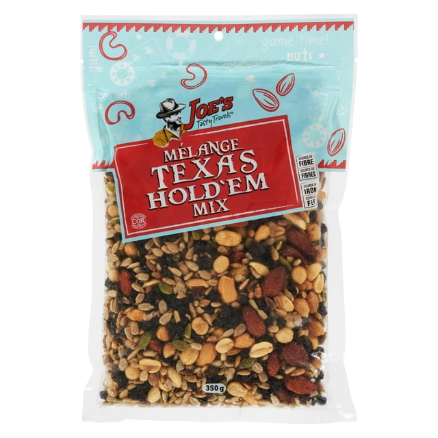 Mélange Texas Hold'em par Joe's Tasty Travels, un Sac de 350 g de Mélange Montagnard avec Arachides, Graines de Tournesol, Groseilles, Amandes, Noix de Cajou et Graines de Citrouille, Offrant une Collation Riche en Protéines, en Fibres et en Fer, Idéale pour l'Énergie en Déplacement et les Activités de Plein Air.