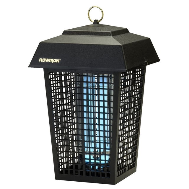 Flowtron 1 Acre electronic insect killer in black with hanging ring, protective grid, and blue UV light