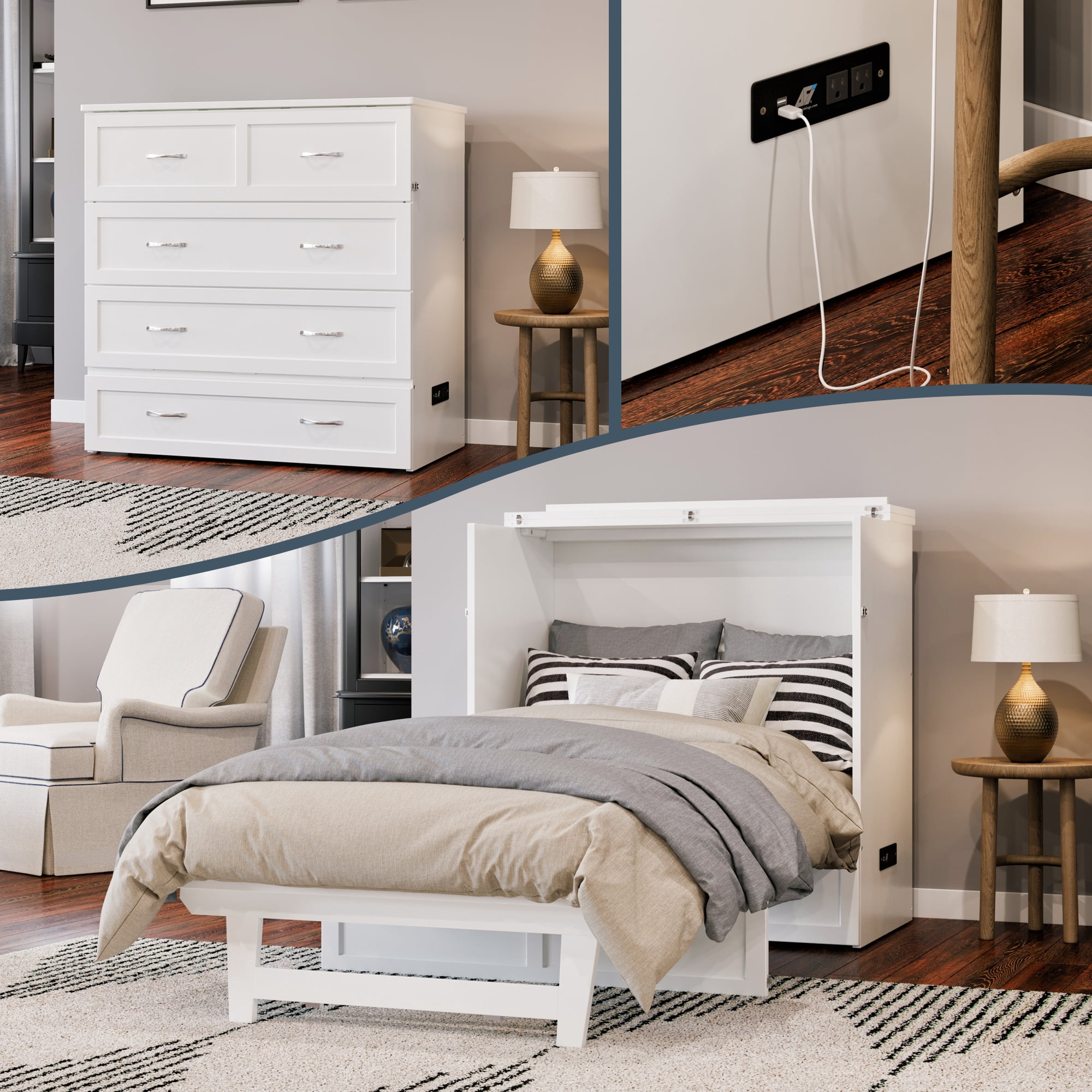 Northfield Lit Escamotable Moderne en Bois Massif Simple TG avec Matelas, Blanc