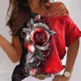 thumbnail image 2 of Birdeem T-Shirt Décontracté Col Asymétrique pour Femmes Imprimé Rose Épaules Dénudées, 2 of 5