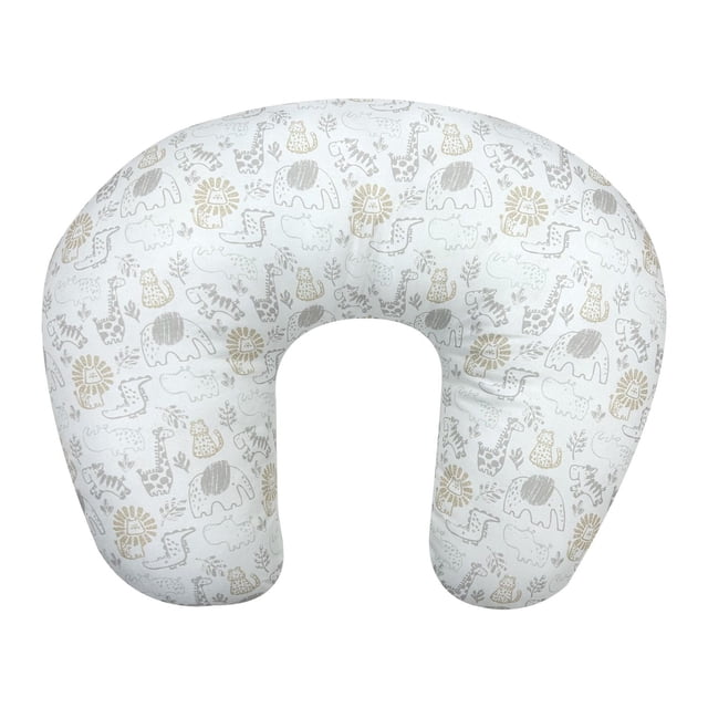 Twinkle Twinkle Chevron Nursing Pillow, a u-shaped pillow measuring 18 by 8 by 10 inches with a 100% cotton cover featuring light grey and beige animal prints including elephants, lions, giraffes, and crocodiles, designed to support ergonomic nursing and baby developmental stages like sitting and tummy time.