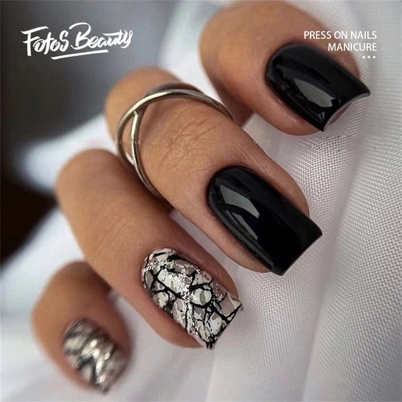 Fofosbeauty 24 Pcs Ongles Postiches Autocollants, Faux Ongles pour Cadeaux, Forme Coffin Doux Cool Fissures Noir