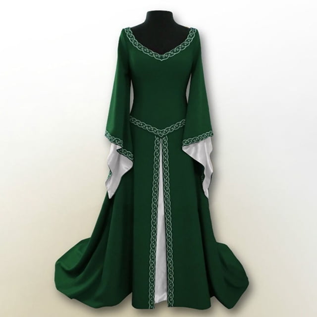 TIMIFIS Womens Retro Halloween Costume Renaissance Medieval Dress with a lace-up front and long flowing sleeves. The dress is displayed in a rich green shade with Celtic-inspired trim along the neckline, waist, and front panels. Made from lightweight polyester, it is ideal for cosplay, Halloween, renaissance festivals, or themed parties. The maxi-length design is suitable for autumn and winter wear.