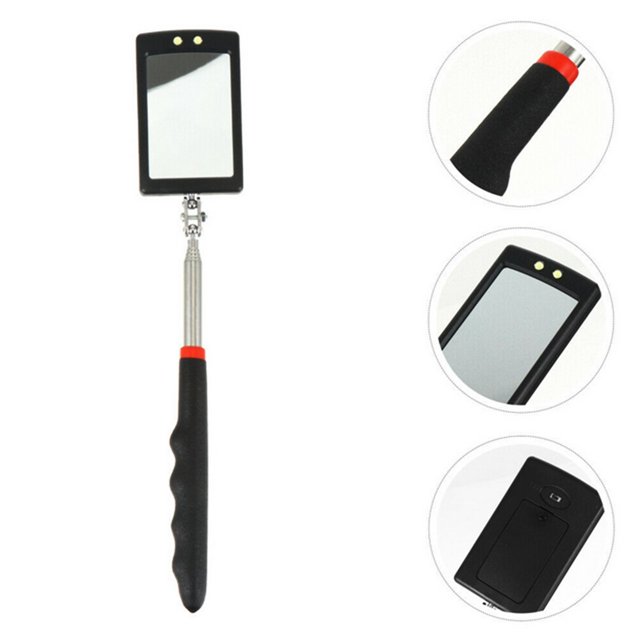 Outil d'Inspection avec Miroir Pivotant à Tige Flexible et Extensible et Lumière DEL Comprenant un Miroir Rectangulaire Pivotant à rotation à 360 Degrés, une Poignée Télescopique en Acier Inoxydable s'Étirant jusqu'à 73 cm (28 Po), et une Poignée Noire Souple Antidérapante. Comprend Deux Lumières DEL Lumineuses pour une Visibilité Accrue dans les Zones Sombres et Alimenté par Deux Piles à Bouton CR2032 (Incluses). Idéal pour Inspecter les Zones Difficiles d'Accès dans les Voitures, la Machinerie et les Réparations.