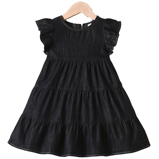 Qudderr Robe Décontractée en Denim pour Filles Bébé, Manches à Volants, Robe en Jean pour Filles 2-9 Ans, Robe d'Été à Col Rond pour Filles