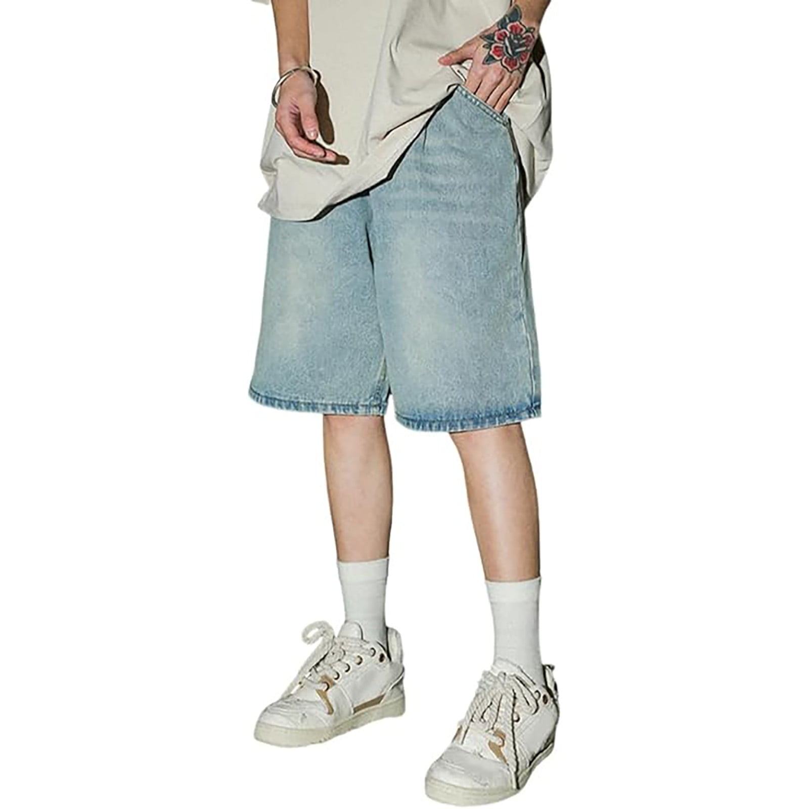 Mens Loose Denim Shorts Baggy Casual Wide Leg Mid Jean Jorts