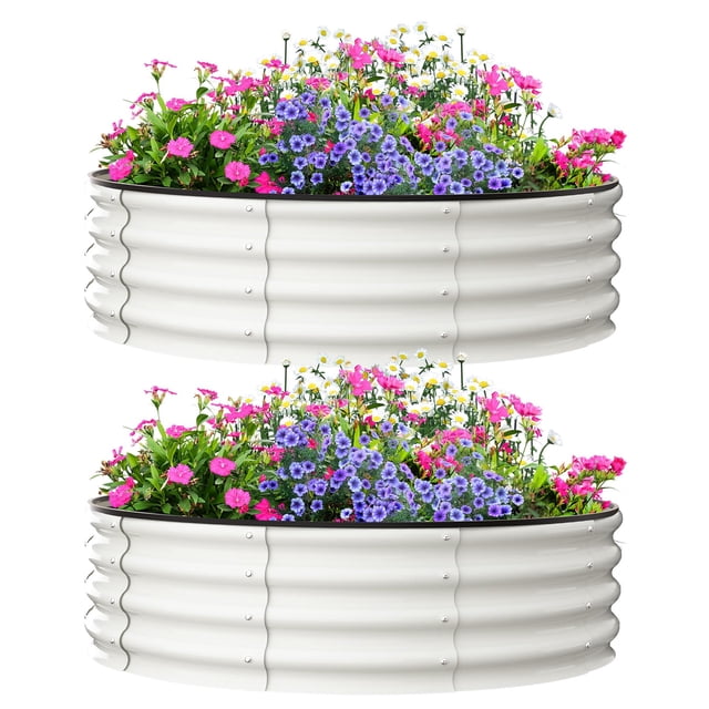 AKDSteel 2-Pack Round Galvanized Raised Garden Beds with wave-shaped, open-bottom design for superior drainage and root health. Each bed is filled with vibrant flowers in pink, purple, and white hues. Made from heavy-duty galvanized steel, these planters are available in 2ft, 3ft, and 4ft sizes, ideal for growing vegetables, flowers, or herbs in outdoor spaces.