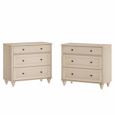 WAMPAT Table de Chevet Style Ferme, Table de Chevet en Bois à 3 Tiroirs, Ensemble de 2, Table d'Appoint de 34 Pouces de Large pour Chambre, Salon, Chêne Clair