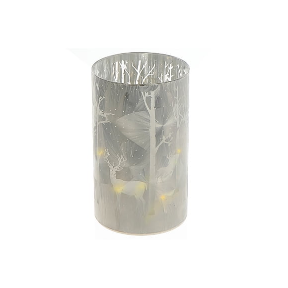 Support Cylindrique En Verre À Led (Cerf Dans La Forêt Hivernale) (Gris) - Lot De 2