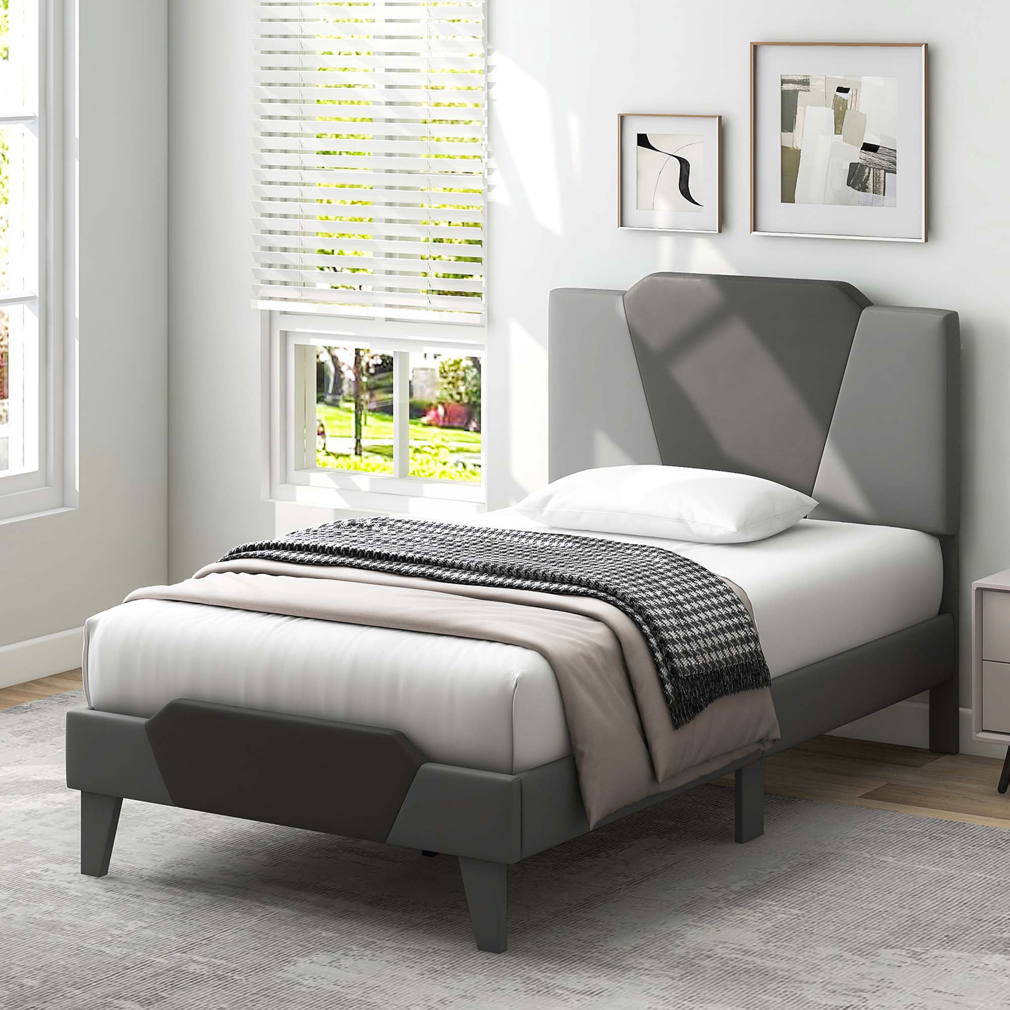 Costway Twin Size Upholstered Platform Bed Frame Velvet Headboard Mattress Foundation