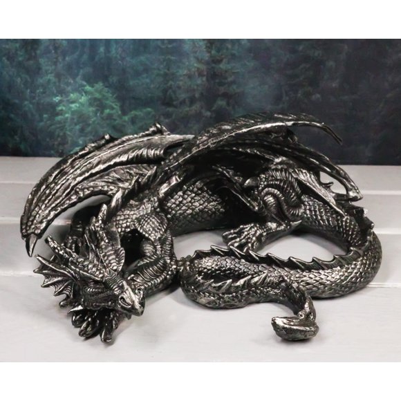 Dragon Soma Noir à Cornes de Fantaisie Médiévale au Repos Figurine de Collection 11"L