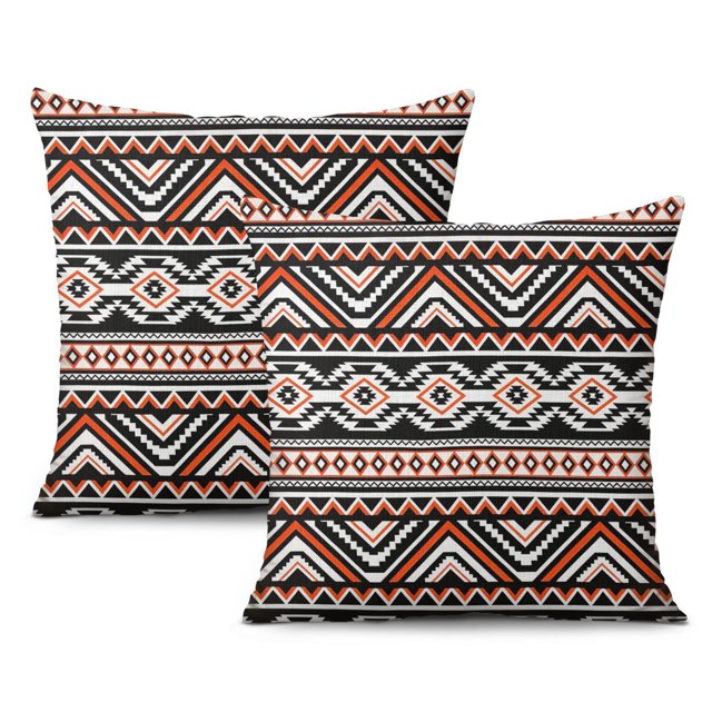 THrow Pillow Case Set of 2 Boho Style Ethnic Pattern Pillow Covers, Tribal Art Print Linen Throw Cushion Covers, Decorative Square Pillow Covers for Sofa and Living Room, 18x18 Inches