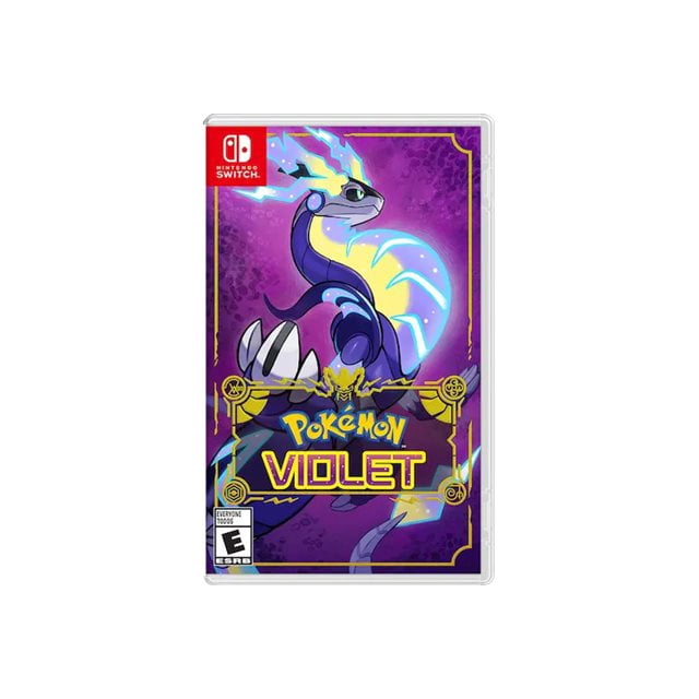 Pokemon Violet - Nintendo Switch game case featuring vibrant artwork of a legendary Pokemon on a purple background with electric accents. The Nintendo Switch logo is displayed in the top left corner. Includes gameplay features such as Victory Road, Titan Pokemon, and Auto Battle functionality.