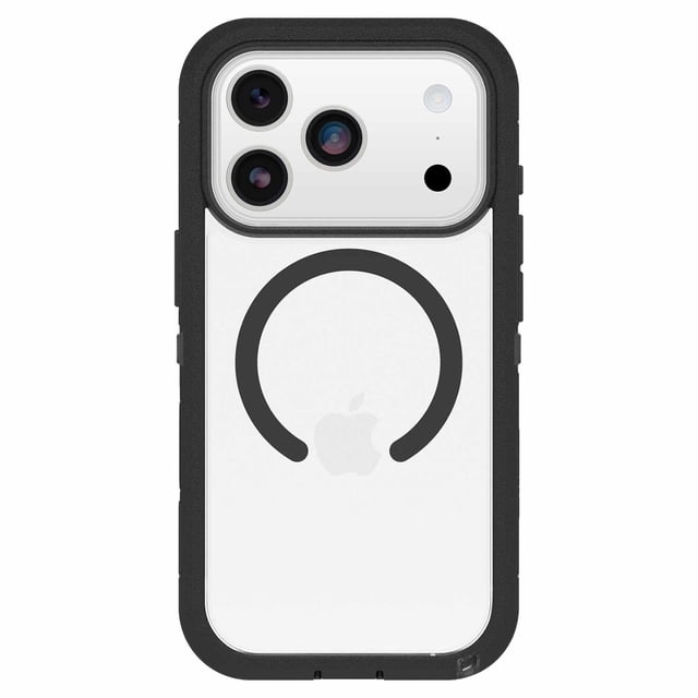 OtterBox Defender Pro XT MagSafe Case with HolsterDark Side (Black) for iPhone 17 Pro in Bulk Packaging showing a clear back with a black MagSafe magnet ring, black rubber edges for grip and shock absorption, raised edges protecting the triple camera and screen, and precise cutouts for camera and ports on a white iPhone 17 Pro, built for military-grade drop protection and MagSafe compatibility.