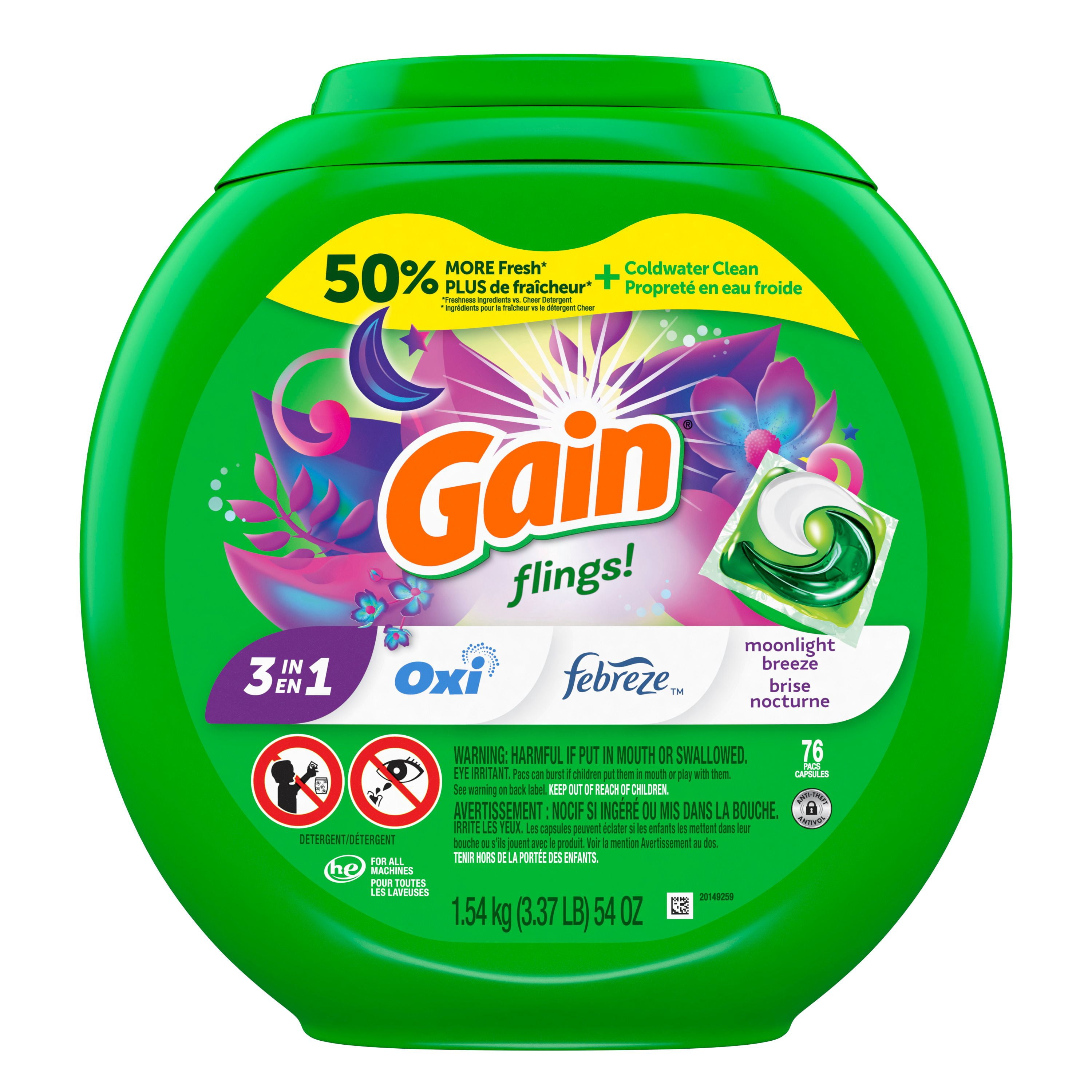 Gain Flings Laundry Detergent Pacs, Moonlight Breeze Scent, 76 Count