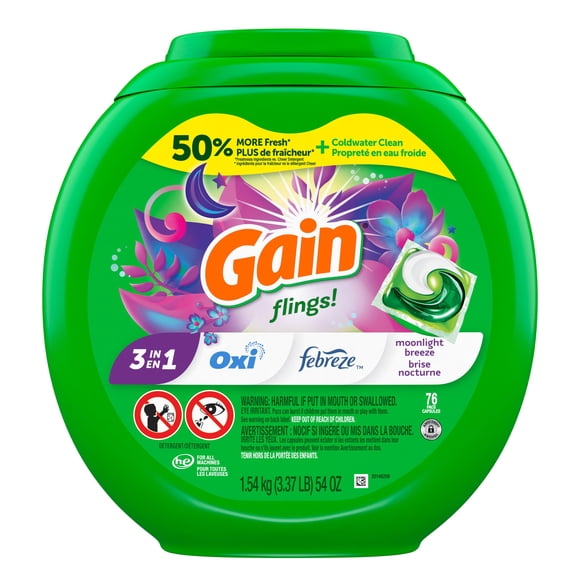 Gain Flings Laundry Detergent Pacs, Moonlight Breeze Scent, with Odour Defense, concentrated laundry soap pacs, 76 Count