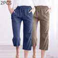 thumbnail image 4 of Timegard 2pc Capri Pants for Women Cotton Linen Elastic Waist Loose Lounge Crop Pants Pockets Solid Color, 4 of 7