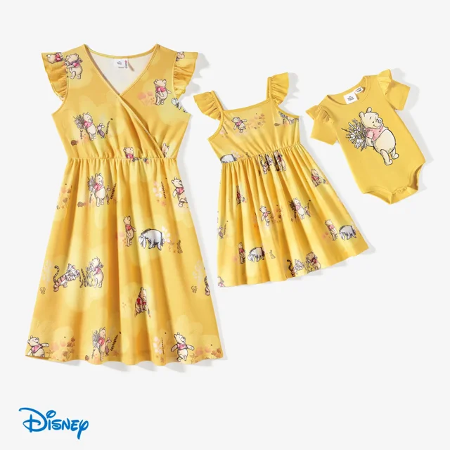 Disney Winni the Pooh Baby Romper, Graphic Ruffled Sleeves Infant Bodysuits Family Matching Sizes 0/3-18M