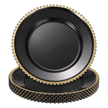 Uxcell 6pcs Clear Charger Plates Bulk, 13" Plastic Round Charger Plates with Bead Trim Dinner Dessert Plate for Wedding Party Event Table Setting Decoration, Light Gold On Black