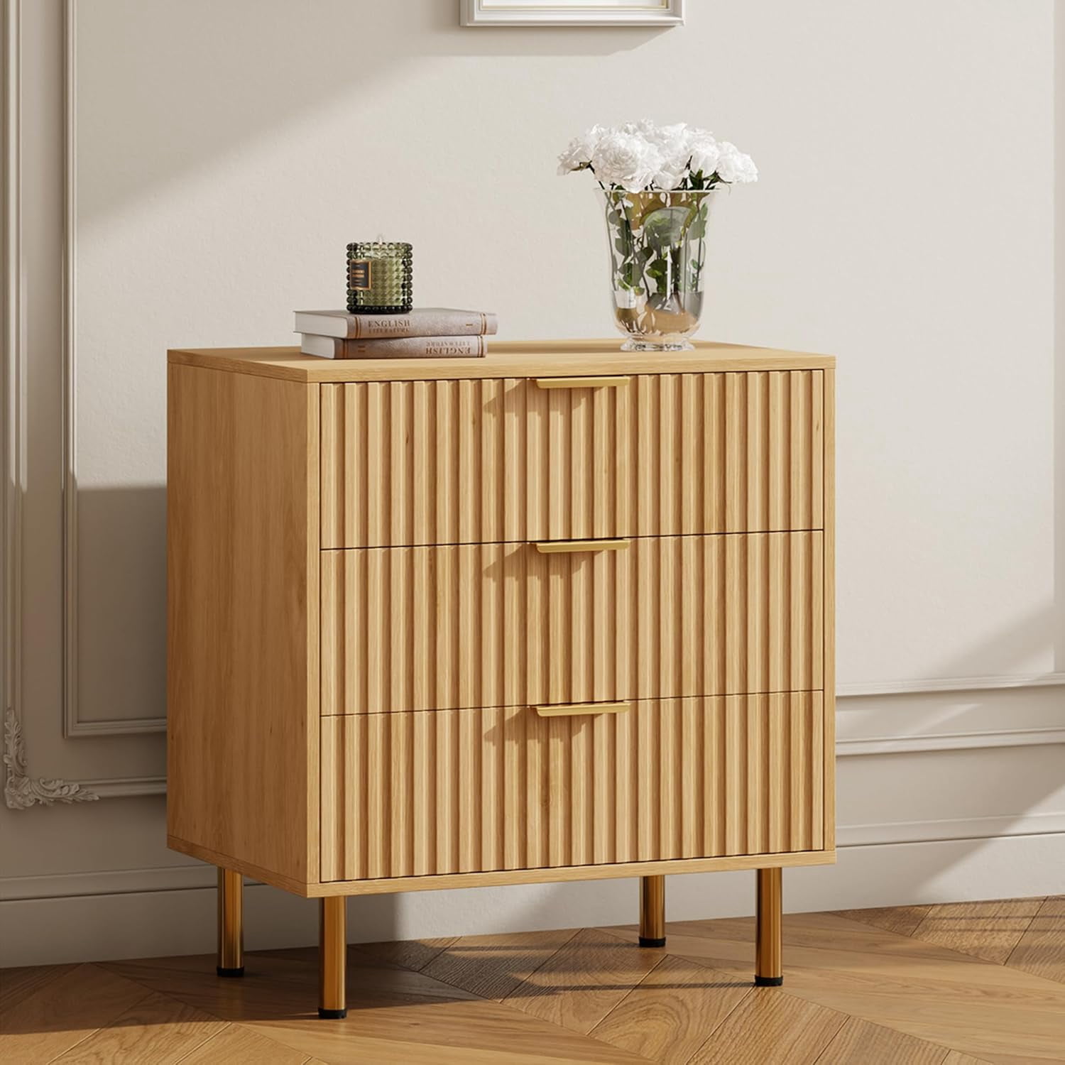 Natural 3 Drawer Dresser for Bedroom, Fluted Dresser with Large Drawers and Sturdy Gold Legs Support, Dressers & Chests of Drawers for Bedroom, Living Room, Kids' Room