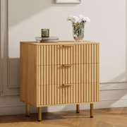 Natural 3 Drawer Dresser for Bedroom, Fluted Dresser with Large Drawers and Sturdy Gold Legs Support, Dressers & Chests of Drawers for Bedroom, Living Room, Kids' Room