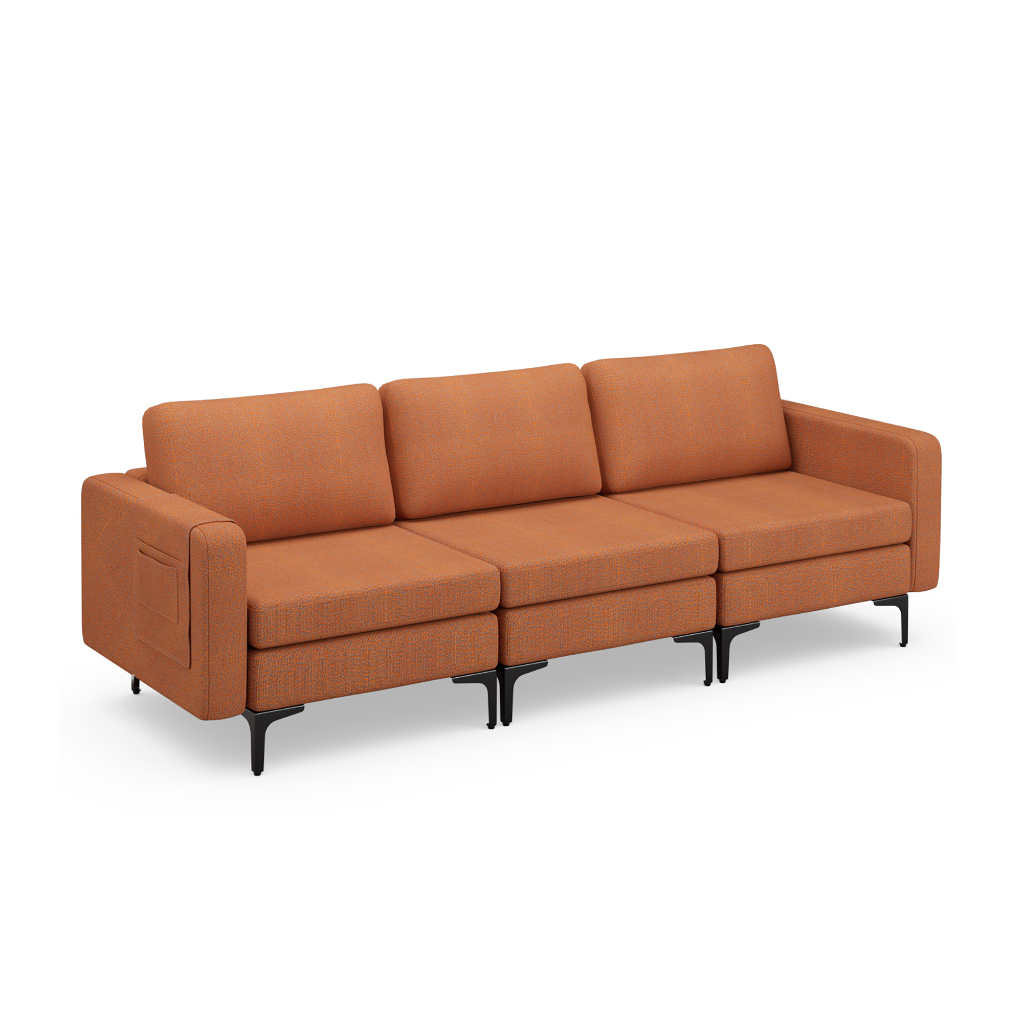 Costway Canapé Modulaire Moderne 3 Places avec Pochette de Rangement Latérale et Pied en Métal Orange