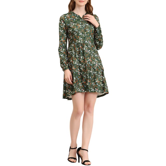 INSPIRE CHIC Robe Fleurie pour Femme à Col en V, Manches Longues, Taille Cintrée, Demi-Patte de Boutonnage, S Vert Foncé