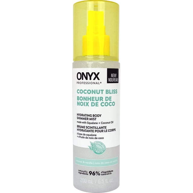Brume Hydratante Scintillante pour Cheveux et Corps par Onyx Professional en Bouteille Vaporisateur Transparente de 200 ml avec Embout et Capuchon de Pulvérisation Jaunes, Coconut Bliss Étiqueté, Faite avec du squalane et de l'Huile de Noix de Coco pour Hydrater et Ajouter une Lueur Chatoyante à la Peau, Convient comme Vaporisateur Corporel Hydratant au Parfum de Noix de Coco et Vanille.