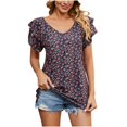 thumbnail image 1 of Birdeem Womens V- Neck Printed Double-Layer Ruffle Sleeve Short Sleeve Lapel Tops, 1 of 8