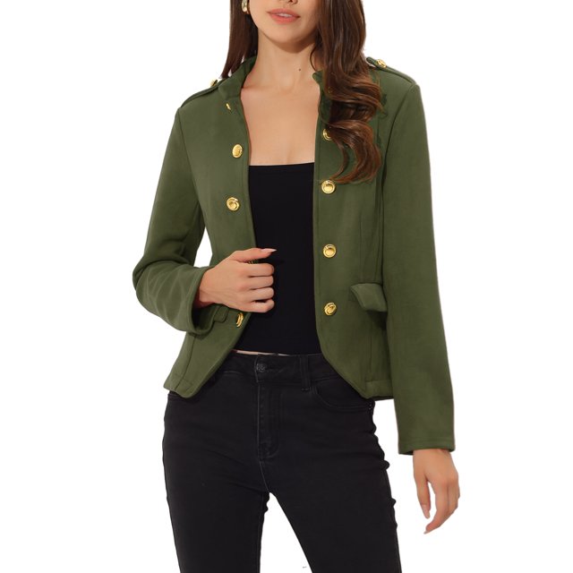 INSPIRE CHIC Women's Faux Suede Open Front Long Sleeve Button Decor Steampunk Jacket L Green