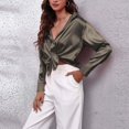 thumbnail image 4 of IROINID Économies Chemises à Manches Longues pour Femmes à Col en V Col Rabattu Chemise de Détente Unie T-Shirt Hauts, Gris Foncé, 4 of 7