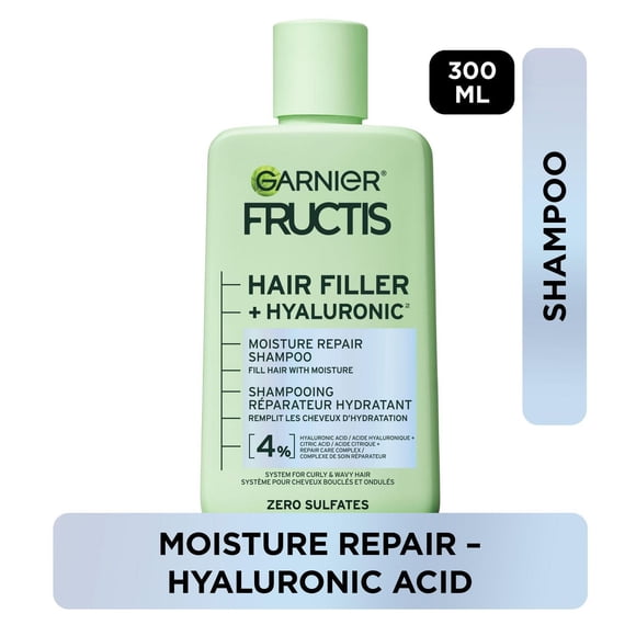 Garnier Fructis Hair Filler + Hyaluronic Acid Moisture Repair Sulfate-Free Shampoo, for Curly and Wavy Hair, up to Moisture & 100 Hours of Frizz Control