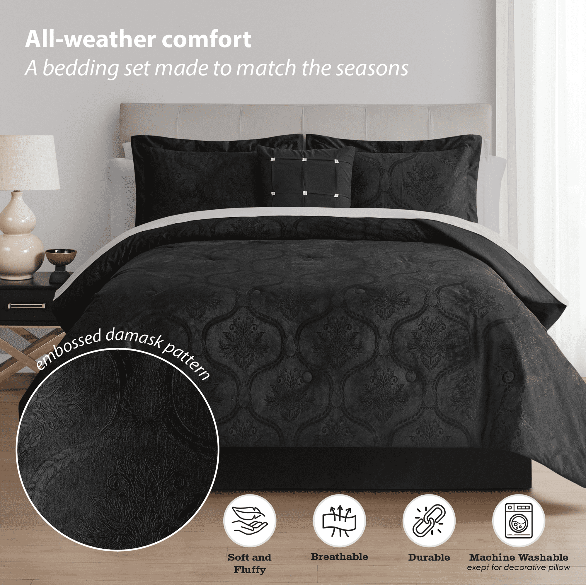 Mainstays 11-Piece Bed in a Bag Comforter Set with Sheets, Black Velvet, Queen