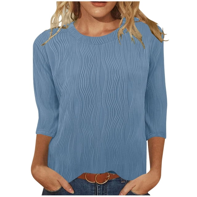 FAIWAD Hauts Texturés pour Femmes Été Chemises à Manches 3/4 Blouse Décontractée à Col Ras du Cou T-Shirts Basiques de Couleur Unie