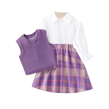 Dealovy Ensembles Jupe Fille 3 Pcs Tenues Débardeurs Tricotés Sans Manches Chemises Manches Bouffantes Jupes Mini à Carreaux Vêtements de Printemps pour Bébé