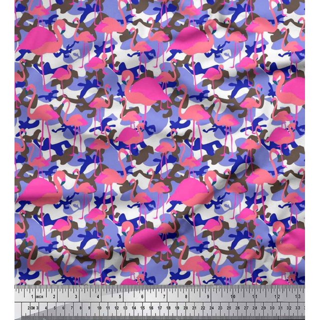 Soimoi Moss Georgette Fabric Camouflage Texture & Flamingo Bird Decor Fabric Printed Yard 42 Inch Wide