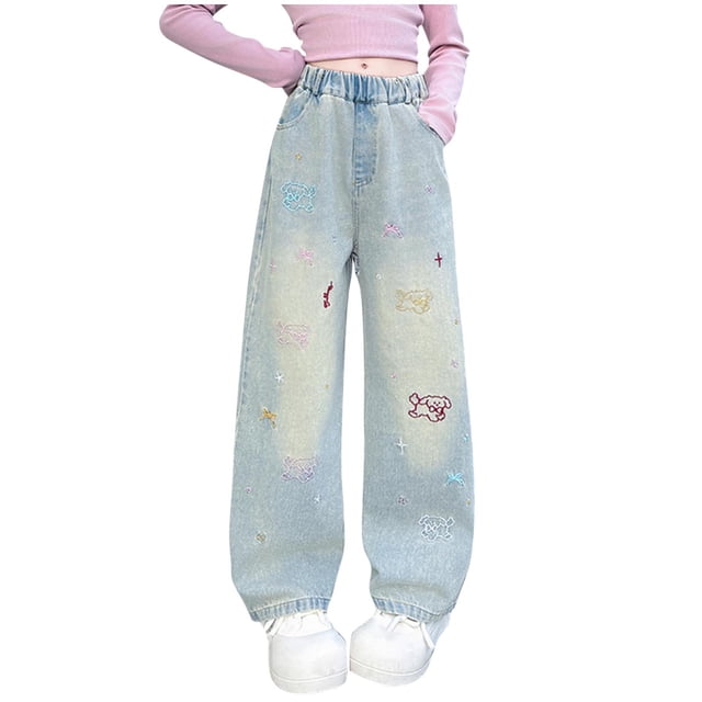 Girls' Straight Wide Leg Jeans | Comfy Stretch Denim Pants for Ages 5-15