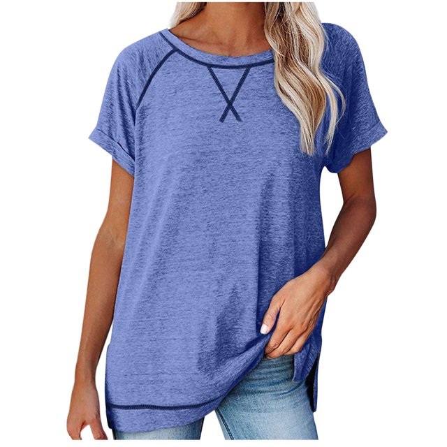 Penkiiy T-Shirts Décontractés à Manches Courtes pour Femmes Été Fendu sur le Côté Col Rond Tunique Raglan Hauts T-Shirts L Bleu