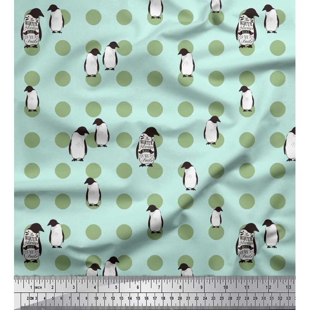 Soimoi Rayon Fabric Dot & Penguin Ocean Printed Fabric 1 Yard 56 Inch Wide