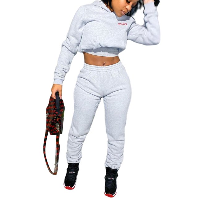 SUNSIOM 2 Pcs Femmes Tenue Lettre, Manches Longues à Capuche Crop Top Pantalon Long