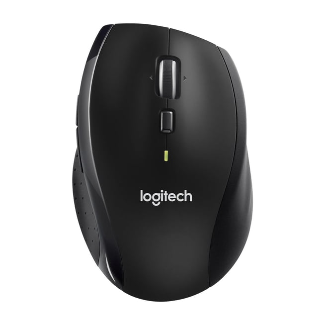 Logitech Productivity Plus Mouse top view showing a matte black sculpted right-hand wireless mouse with textured side grip, silver scroll wheel with side-to-side scrolling, button below the wheel, low battery indicator light, and Logitech logo, featuring a storable Unifying receiver and advanced 2.4 GHz wireless technology, certified for Chromebook compatibility and designed for up to 3 years of battery life, also suitable for efficient office use.